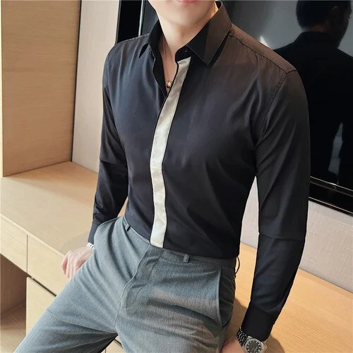 Bonsir Fashion Splicing Shirts Men Long Sleeve Slim Casual Shirt High Quality Business Dress Shirt Formal Social Party Tuxedo Blouse