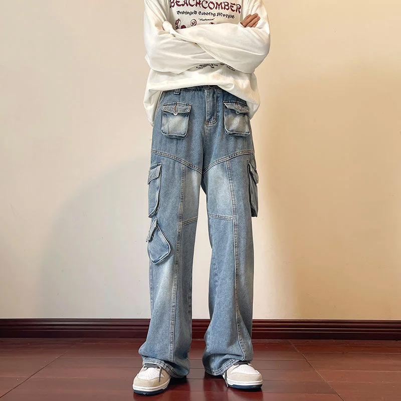 Bonsir Men Blue Cargo Jeans Hip Hop Patchwork Multi Pockets Buttons Casual Men's Straight Denim Pants Streetwear Moopping Trousers