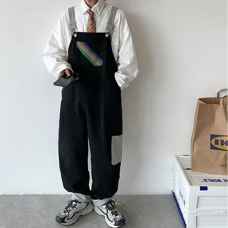 Bonsir Men Suspenders Jumpsuits Oversized Rainbow Printing Overalls Summer Straight Casual Pants Vintage Splicing Trousers Male Clothes