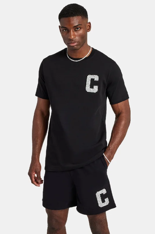 Embellished C T-Shirt & Short Set - Black