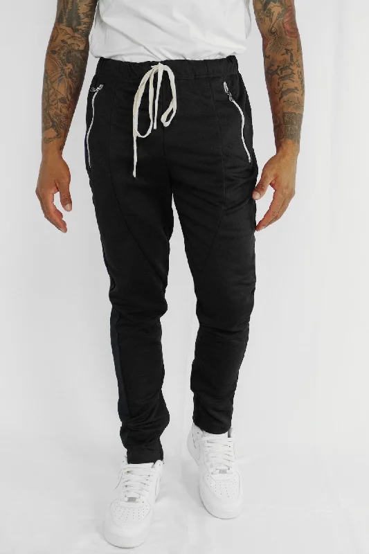 Premium Side Stripe Zip Pocket Track Pants (Black - Black)