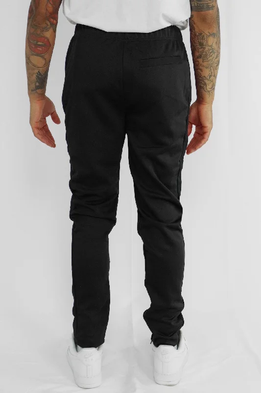 Premium Side Stripe Zip Pocket Track Pants (Black - Black)