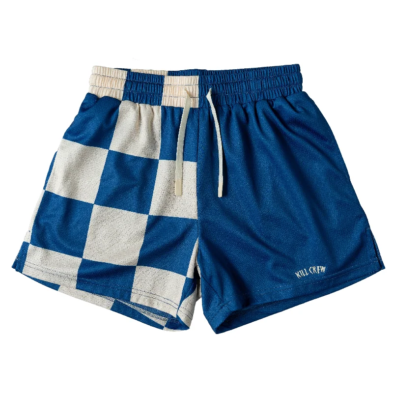 MUAY THAI SHORTS (MID THIGH CUT) CHECKER - BLUE / CREAM