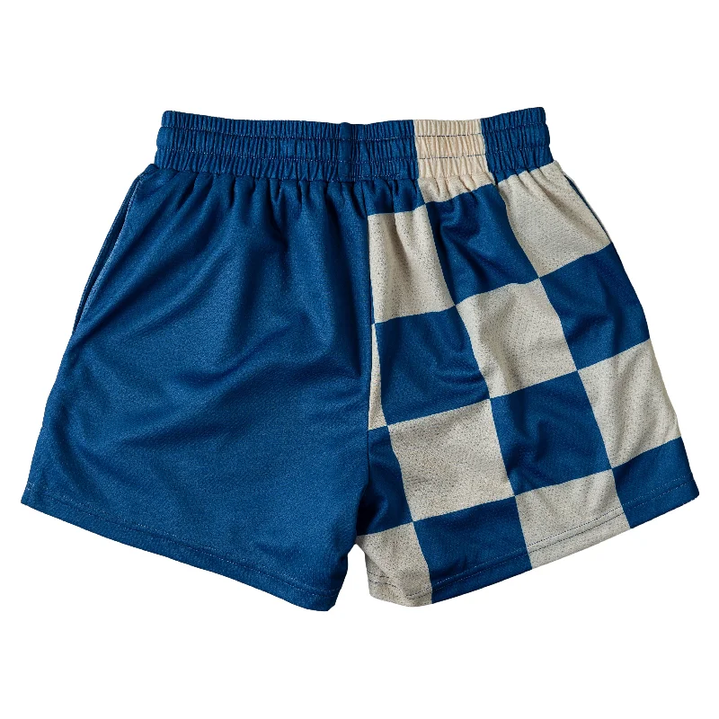 MUAY THAI SHORTS (MID THIGH CUT) CHECKER - BLUE / CREAM