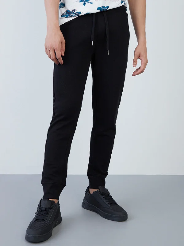 ETA Black Self-Textured Cotton Blend Slim-Fit Mid-Rise Joggers