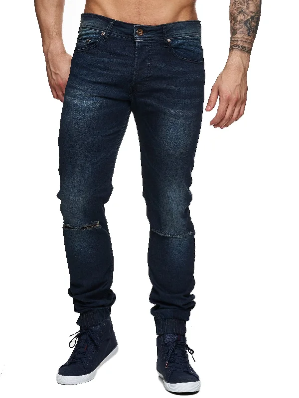 F&S Men Slim Fit Denim Avant Knee Ripped Distressed Jogger Jeans - Dark Blue