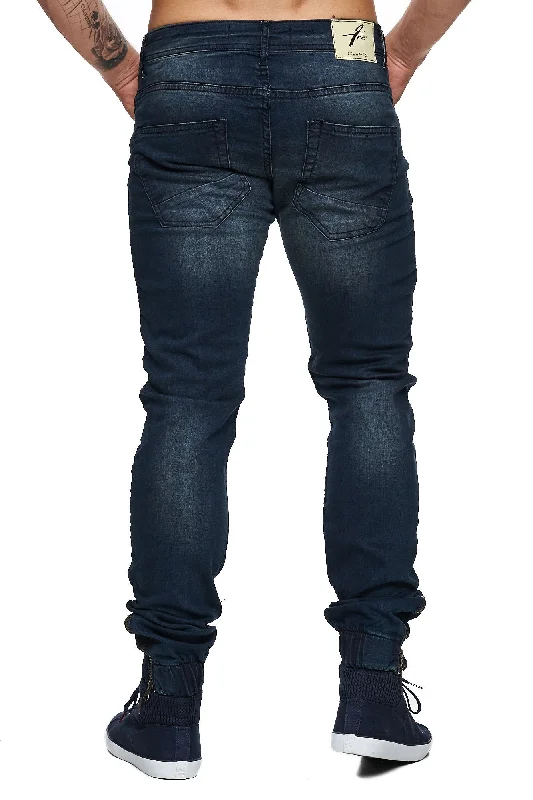 F&S Men Slim Fit Denim Avant Knee Ripped Distressed Jogger Jeans - Dark Blue