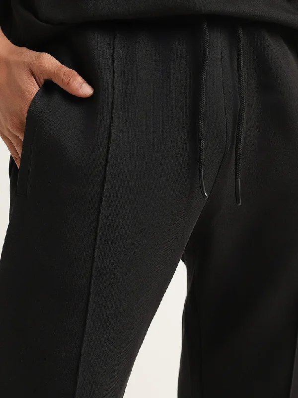 Studiofit Black Plain Cotton Blend Relaxed Fit Track Pants