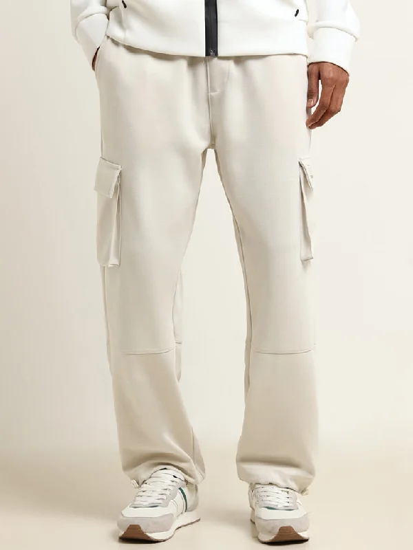 Studiofit Cream Straight-Fit Mid-Rise Cotton Blend Cargo Track Pants