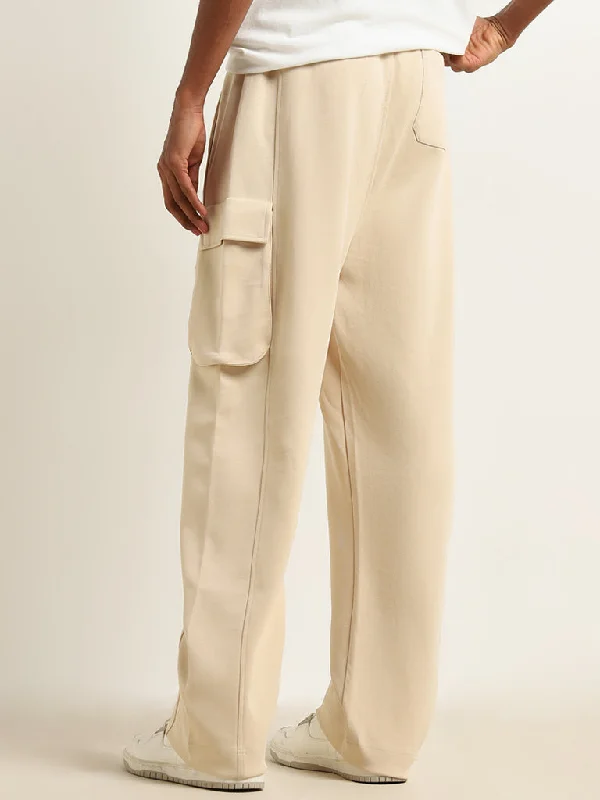 Studiofit Light Beige Relaxed-Fit Mid-Rise Track Pants