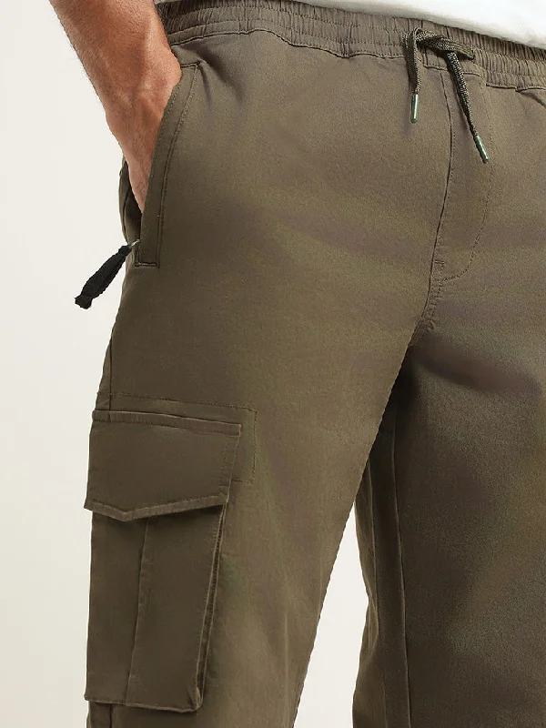 WES Casuals Green Cargo Cotton Blend Relaxed-Fit Joggers