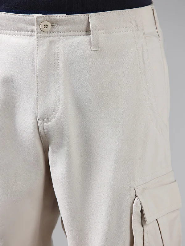 WES Casuals Solid Beige Mid-Rise Cotton Relaxed-Fit Shorts