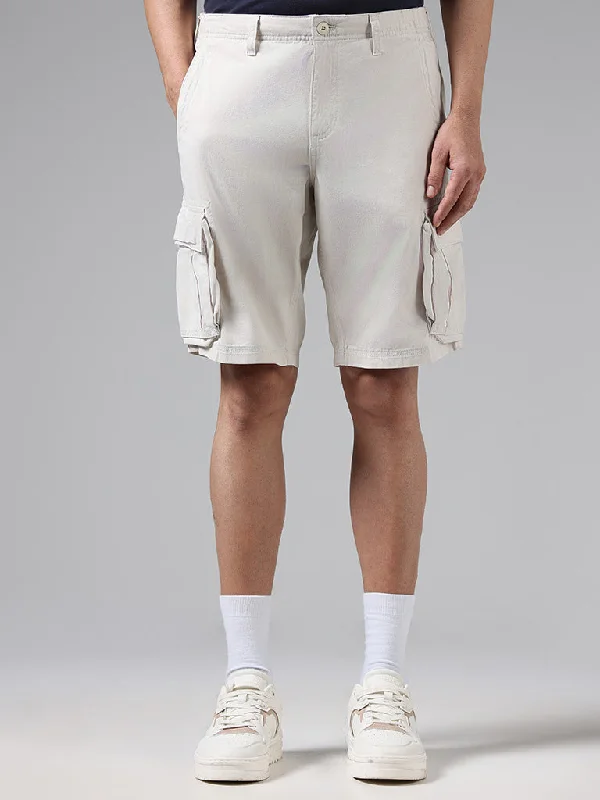 WES Casuals Solid Beige Mid-Rise Cotton Relaxed-Fit Shorts