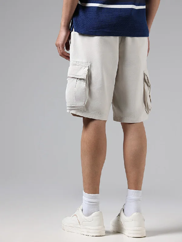 WES Casuals Solid Beige Mid-Rise Cotton Relaxed-Fit Shorts